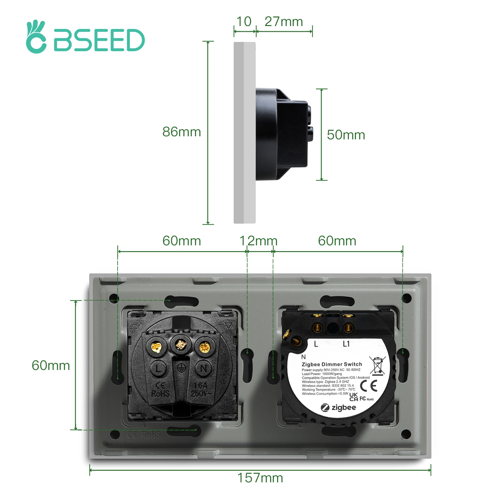 Imagem -06 - Bseed Zigbee Dimmer Switch 1gang 1way Inteligente Parede Toque Dimmer Suporte Tuya Google Casa Alexa com Soquete de Energia Normal da ue