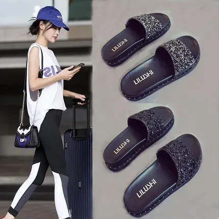 

Summer Fashion Sequined Rhinestone Thick-soled Korean version Flat-bottomed Wear-resistant Women's Sandals Slippers