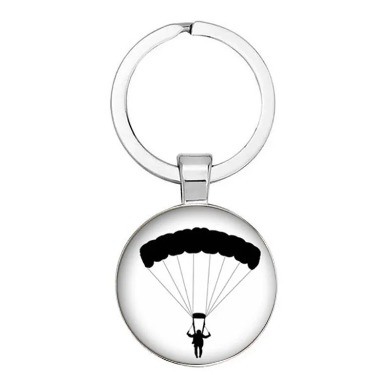 New Sports And Leisure 25mm Handmade Skydiver Silhouette Pendant Keychain Key Chain Round Glass Cabochon Charm Key Ring Sports T