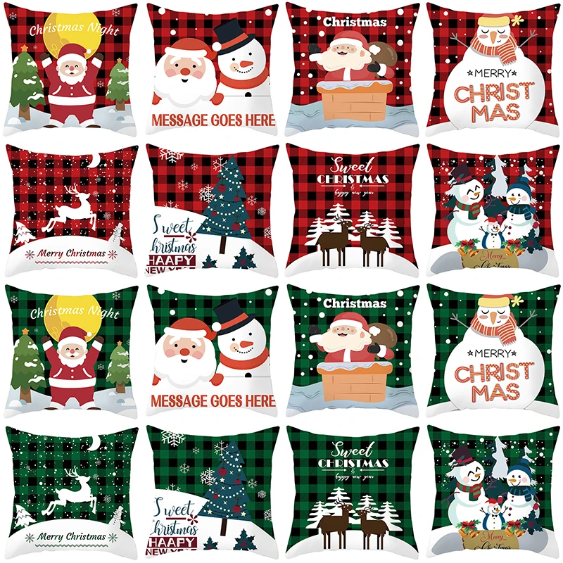 

Cartoon Printed Plaid Pillow Covers 18x18in Christmas Party Decorative Cushion Cover Red Green Buffalo Lattice Throw Pillowcase