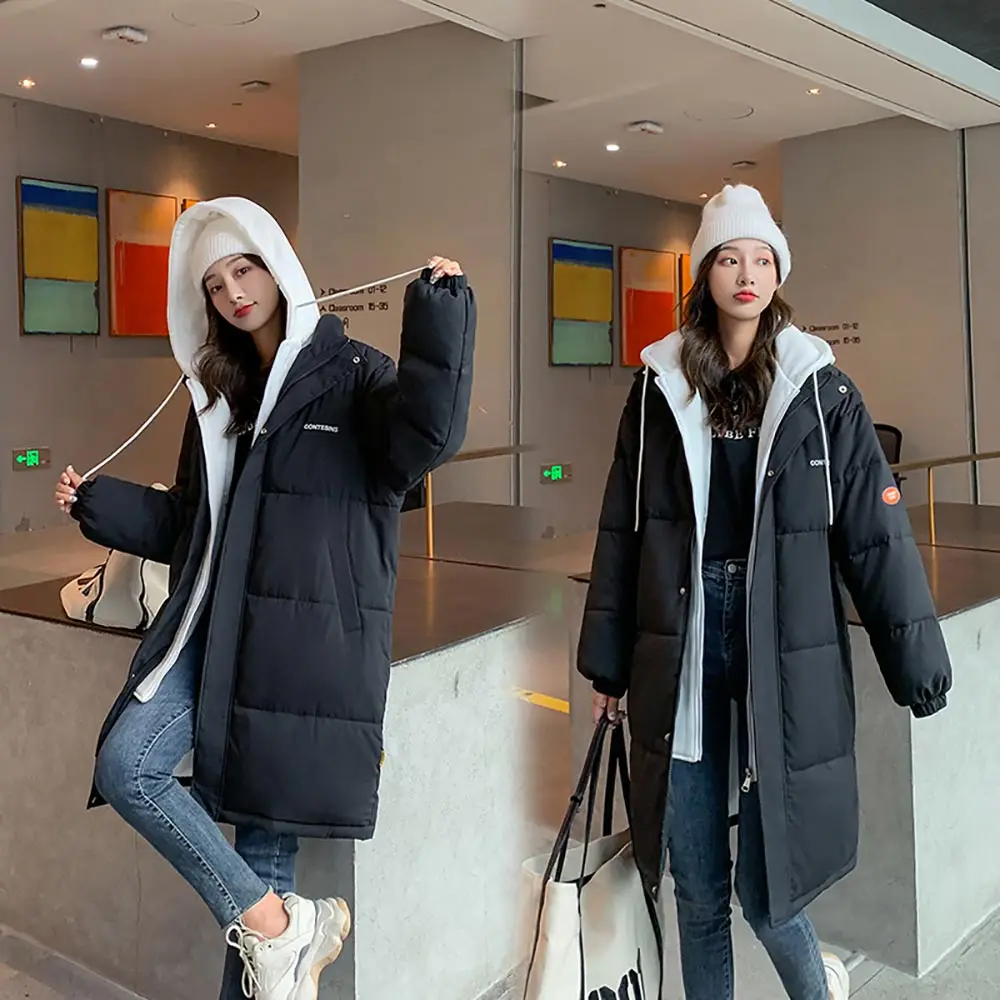 PinkyIsBlack 2021 Snow Wear Long Winter Coat Women Spliced Hooded Warm Parkas Female Hooded Padded Winter Jackets Women Clothing