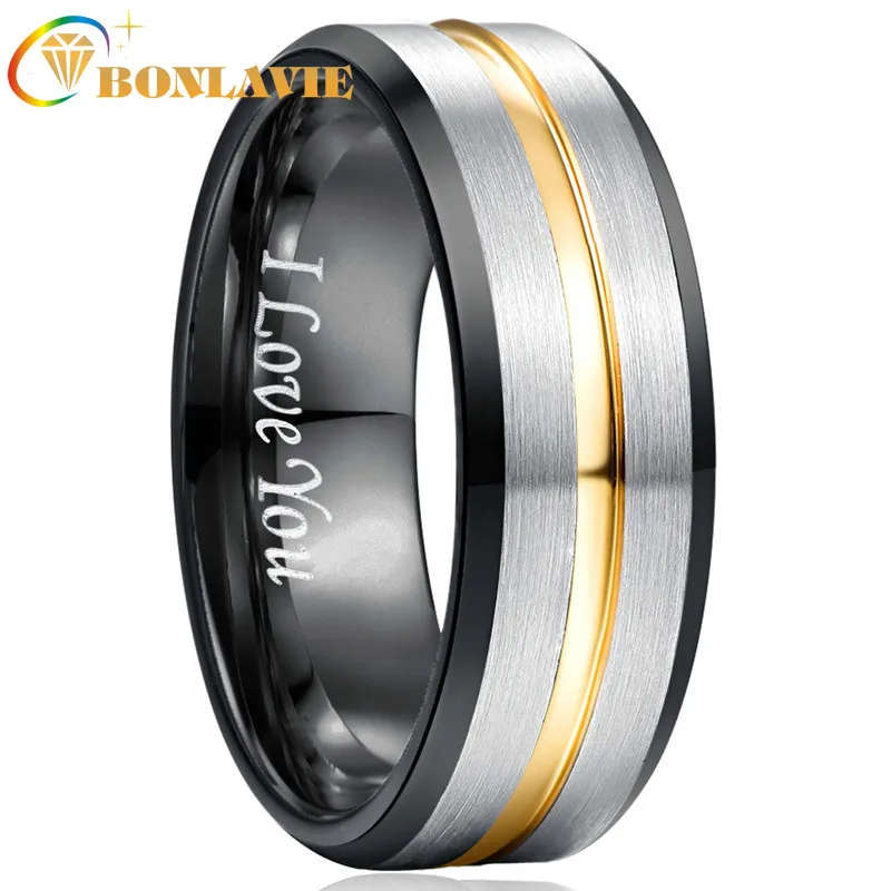 

BONLAVIE Fashion Simple 8mm Tungsten Carbide Ring Black Inner Ring Bevel Gold Color Groove Frosted Tungsten Steel Men's Ring