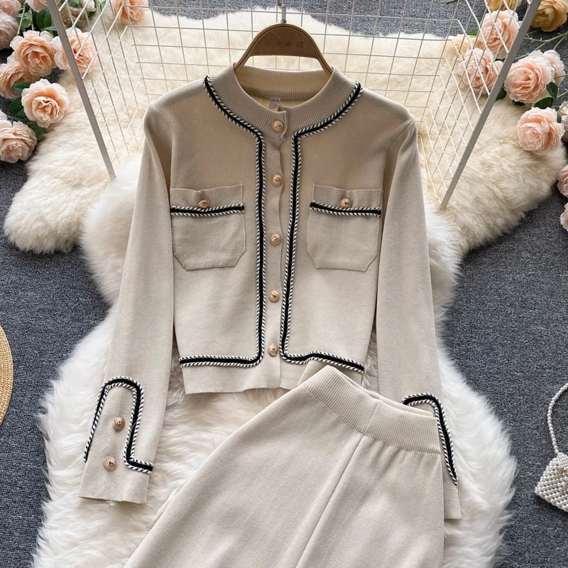 Fashion Brief Temperament Knitted Pants Two piece Casual Set Women Braided trim Gold Button Cardigan Sweater and Pants Suits