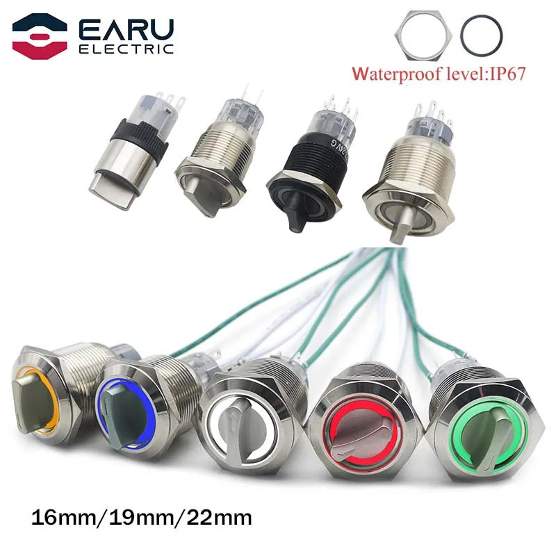 Self-return Momentary Self-locking Fixation Waterproof DPDT Illuminated Metal Selector Knob Rotary Switch 2 3 Position LED Lamp