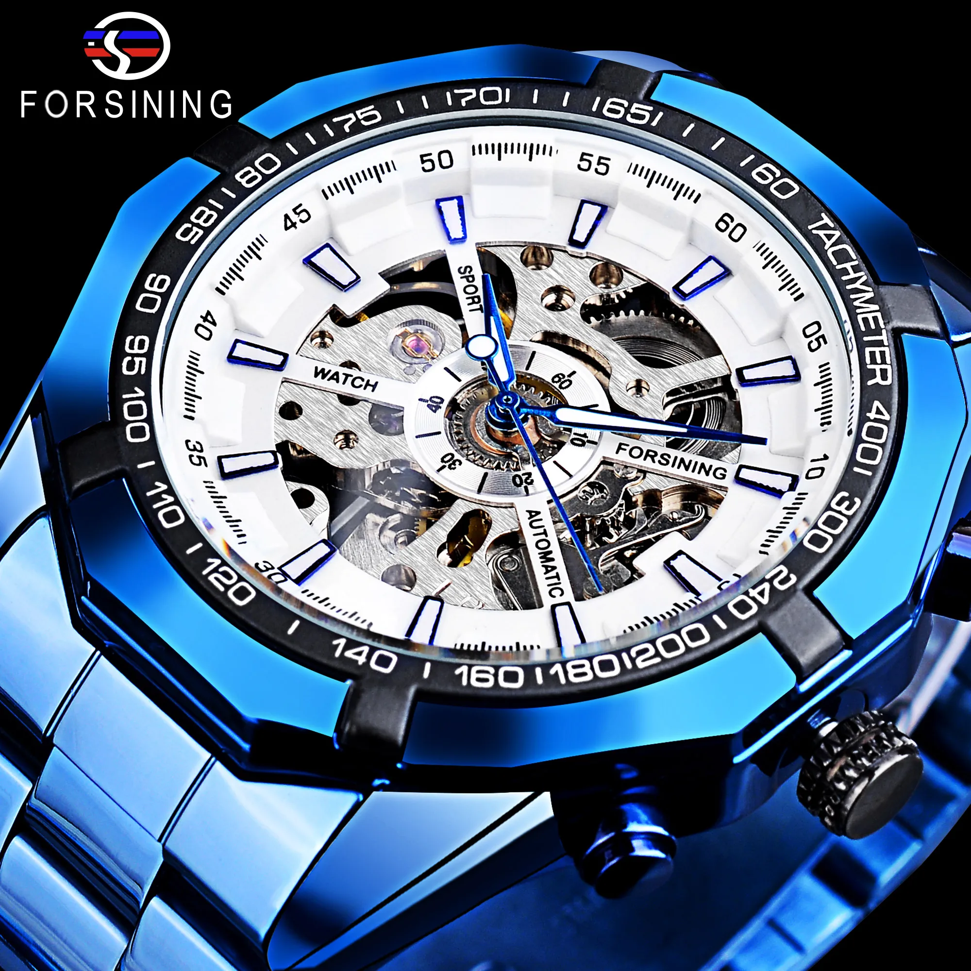 

Forsining Blue Men Automatic Mechanical Watches Luxury Skeleton Mens Military Watch Stainless Steel Wristwatches Luminous