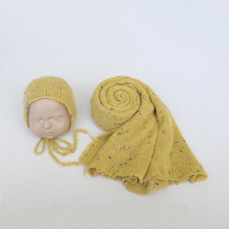 

Newborn handmade crochet wrap and knit mohair bonnet for photo props yellow color dot wrap baby crochet hat photography props