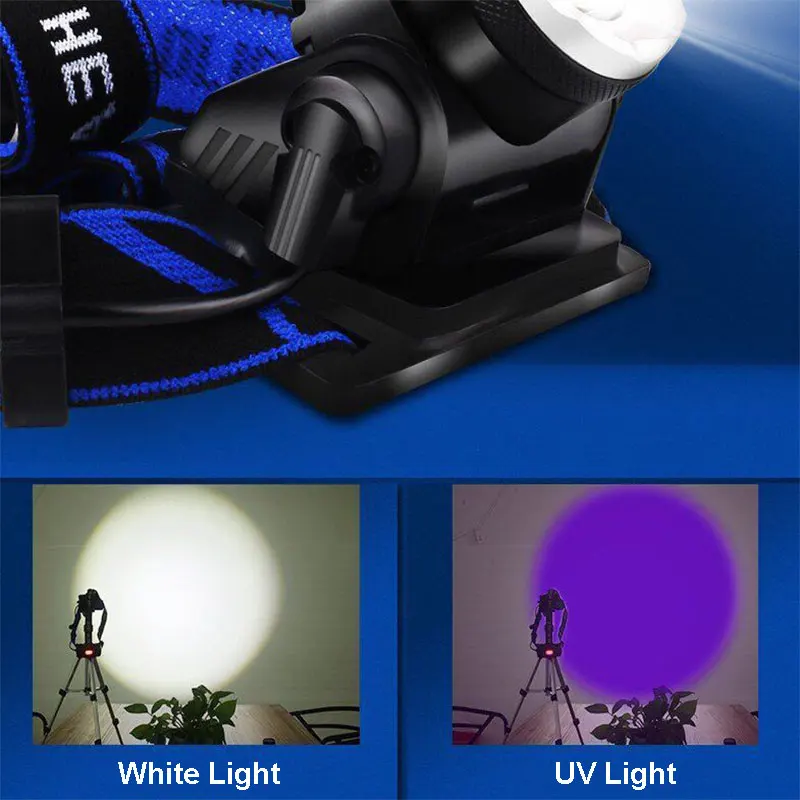 TMWT Waterproof LED Headlight UV & White Lights 18650 USB Rechargeable T6 Scorpion Hunting Headlamp For Camping & Climbing