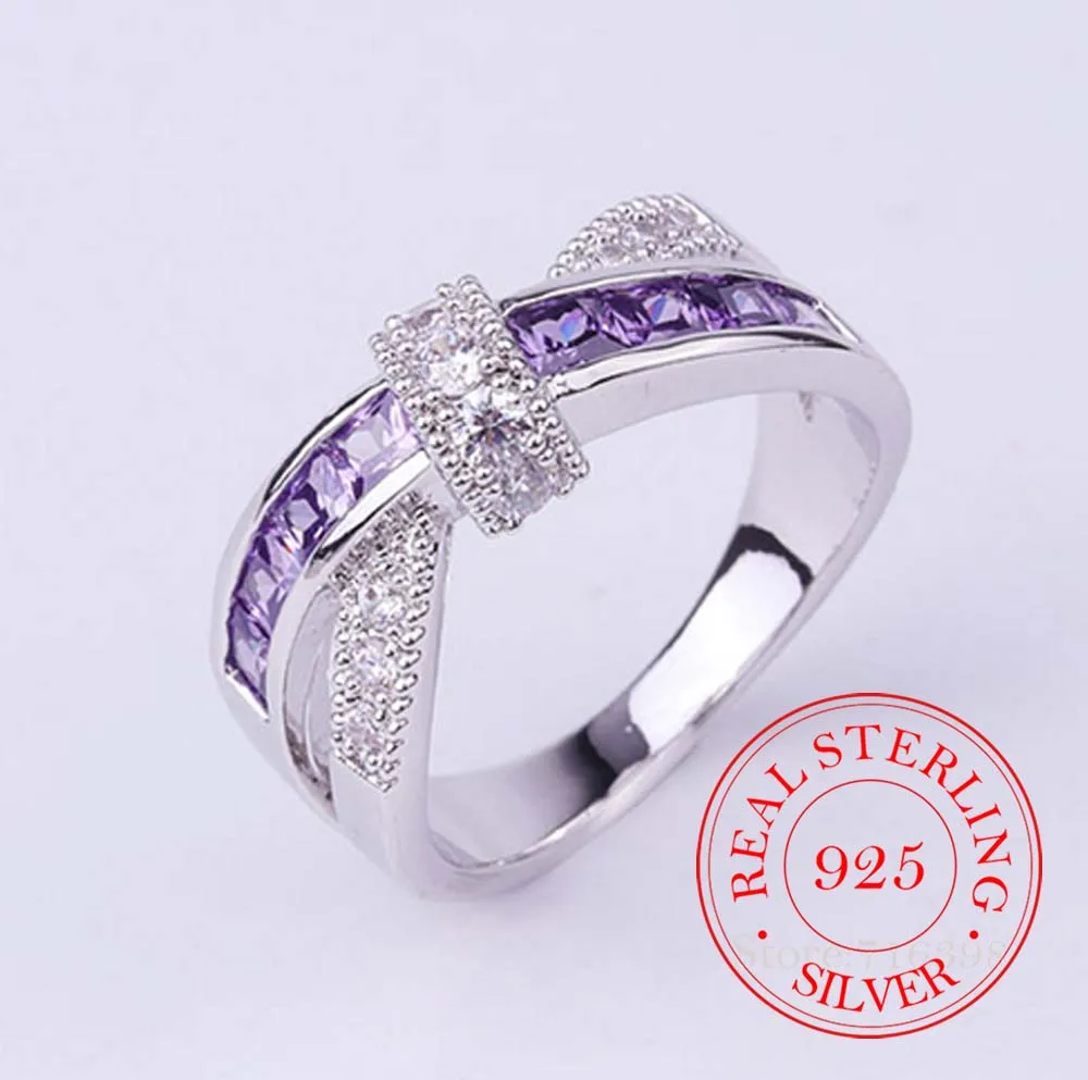 100% 925 Sterling Silver Jewelry Vintage Purple Crystal Couple\'s Wedding Silver Rings for Women Men Fashion Anel De Prata Bijoux