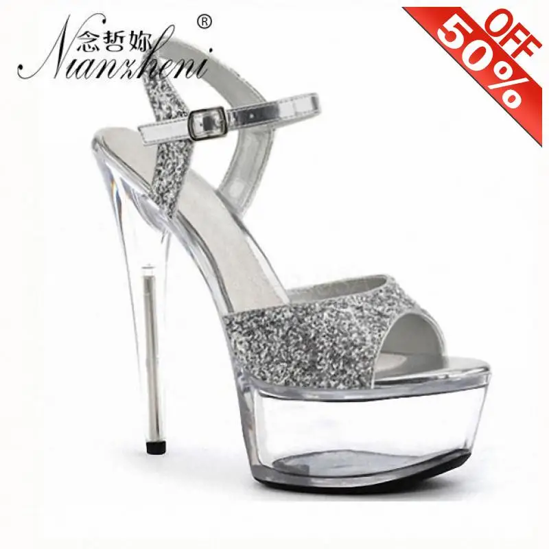 

Flash powder Bling Crystal Sandals 15cm Stiletto heels 6 inches Thick platform Sexy Trend Nightclub Pole dancing Silver Wedding