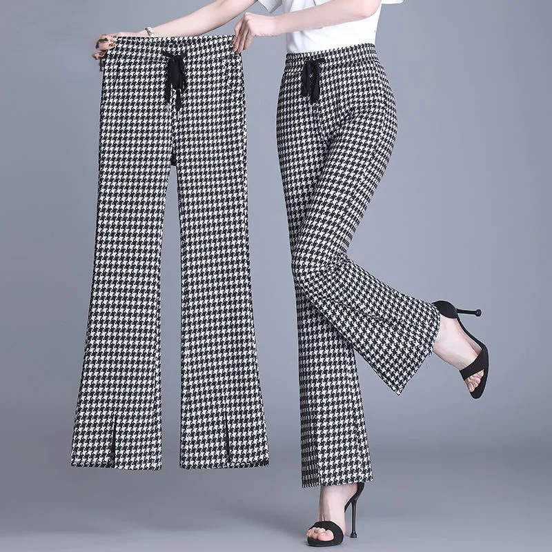 

Summer Thin Bootleg Pants Women High Waist Casual Trousers Loose Slimming Large Size Houndstooth Drooping Wide-Leg Bottoms Pants