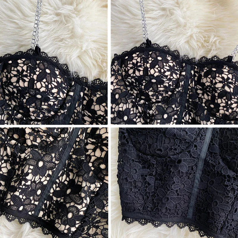 Canotta da donna solida sexy da donna in stile coreano popolare design in pizzo chic più recente caldo tutto-fiammifero con spalle scoperte all'interno top minimalisti