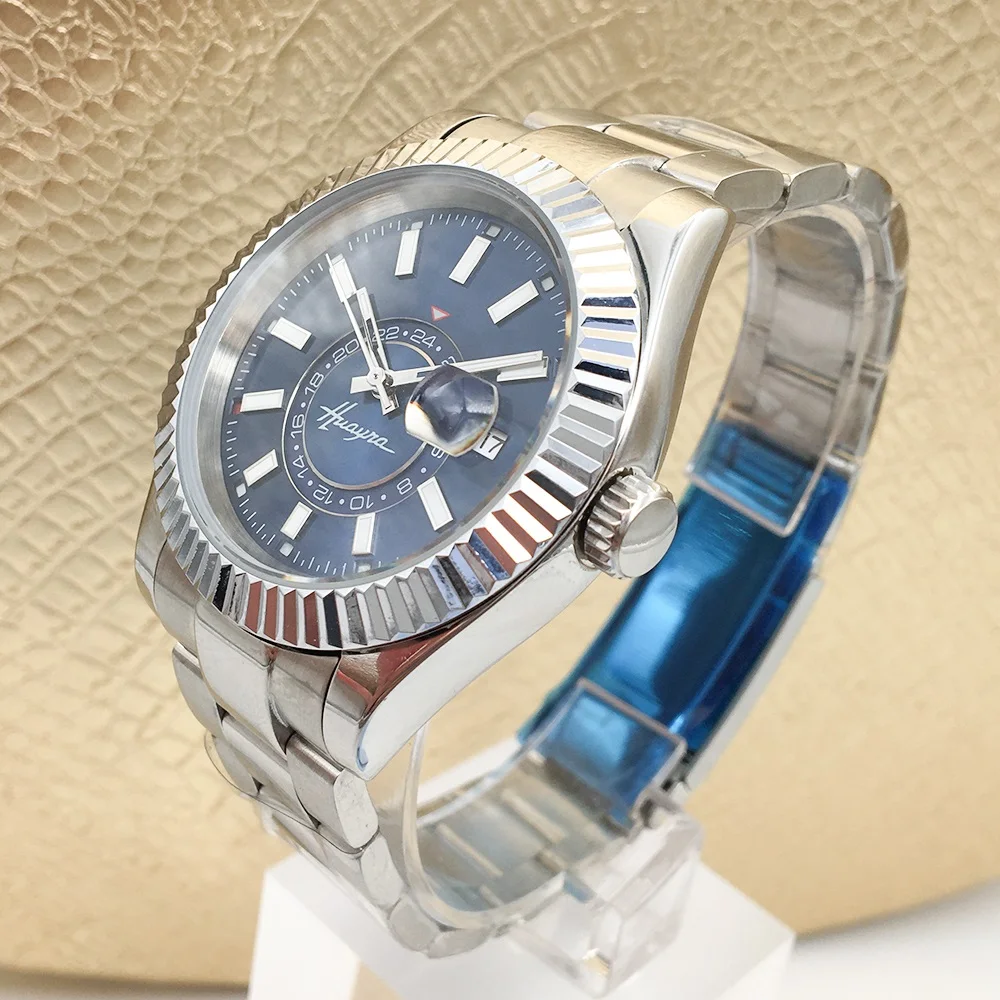 40Mm Heren Horloge Automatische Roestvrij Staal Waterdicht Silver Case Blauw Zwart Wijzerplaat Mannen Lichtgevende Horloge Vouwen gesp