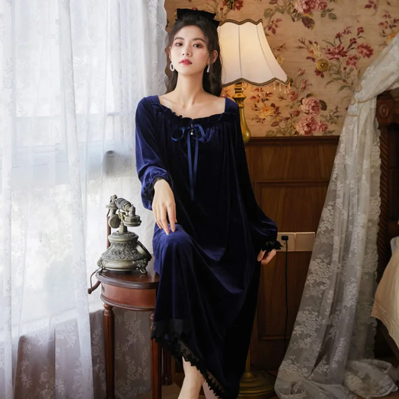 Green Velvet Nightdress Princess Night Dress Woman Sleepwear Long Women\'s Dresses 2021 Winter Clothing Female Phoentin FG262