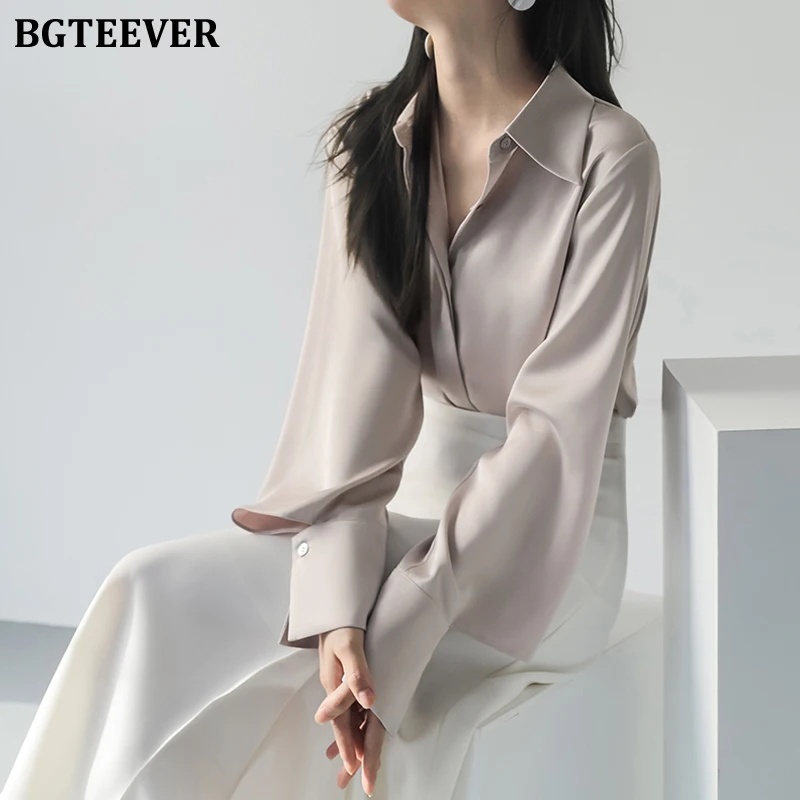 BGTEEVER Elegant Lapel Women Shirts 2022 Spring Summer Office Wear Long Sleeve Loose Single-breasted Female Blouses Tops