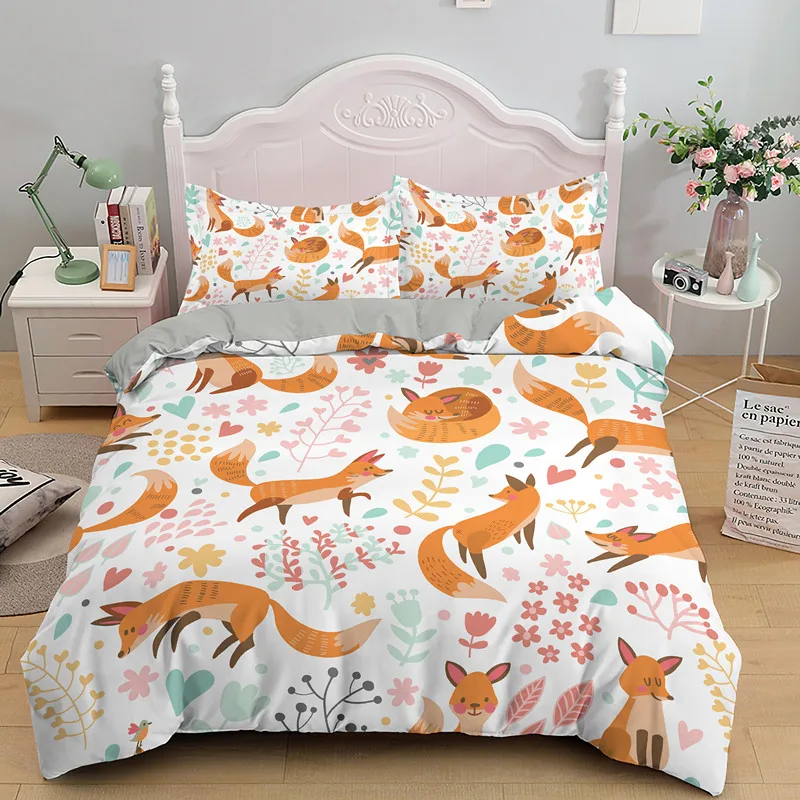 Fox Cartoon Printed Duvet Cover With Zipper Closure Child Bedding Sets Boys Girls Quilt Covers Queen Pillowcase Drop shipping