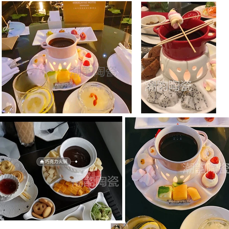 Fondue Ceramic Icecream Chocolate Hot Pot Candle Fire Boiler Set Small Fire Boiler Cheese Electric-Oven-Work