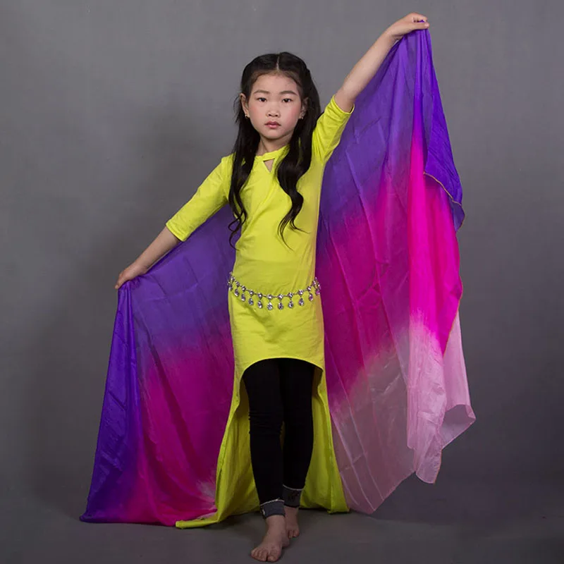 New Kids OrientalDance silk Veils 100% real Silk hand-Scarf Veil Gradient color Stage Dance Props Veils for Girls 180cm/200cm