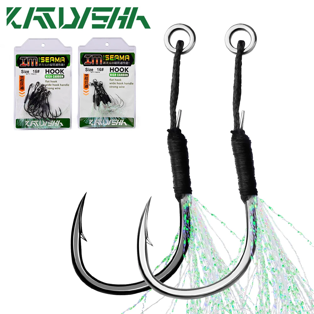 

KATYUSHA 10Pcs Metal Jig Tail Assist Hooks 11-19# With PE Line Feather Solid Ring Jigging Fishhook for 5-80g Lure Fishing Hooks