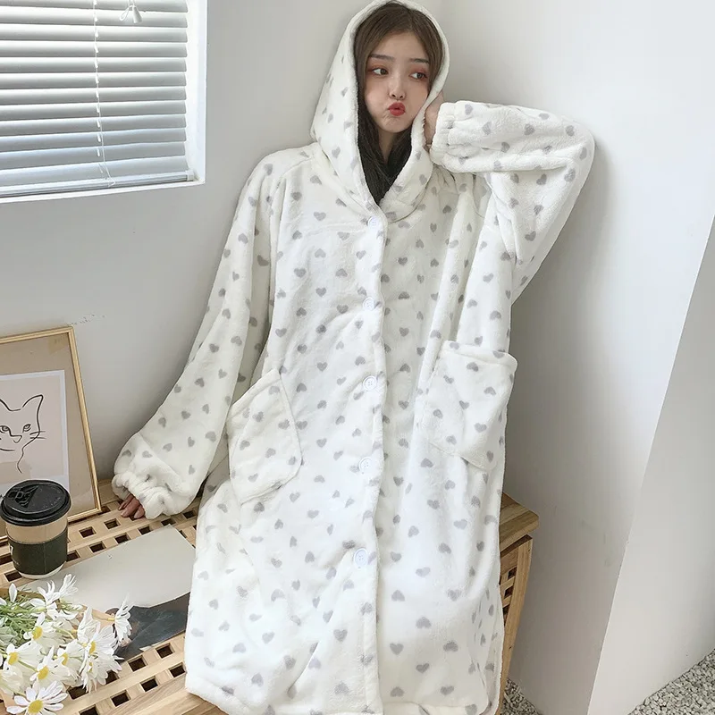 

Loose Large Size Coral Fleece Pajamas Women Autumn Winter Thick Warm Long Cute Flannel Hooded Nightgown Japan South Korea