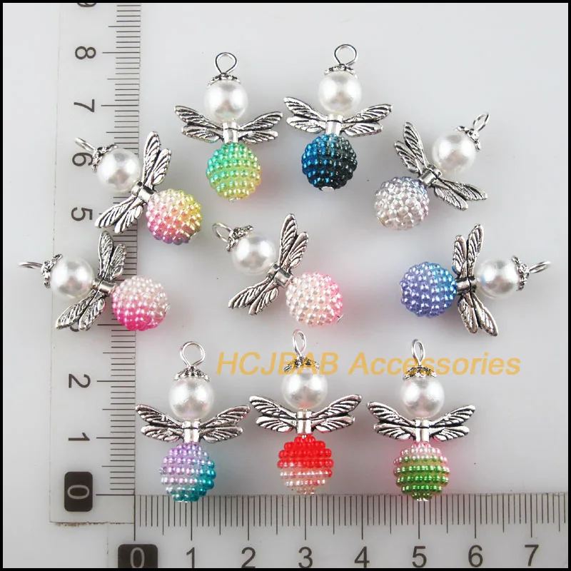 10Pcs Tibetan Silver Tone Angel Mixed Acrylic Waxberry Ball Charms Pendants 20x29mm