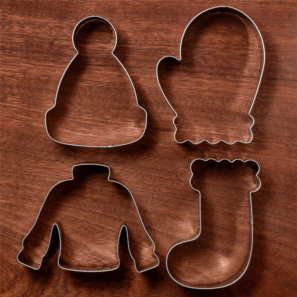 KENIAO Winter Christmas Cookie Cutter - 4PC - Hat, Mitten, Ugly Sweater, Stocking Biscuit Sandwich Bread Molds - Stainless Steel