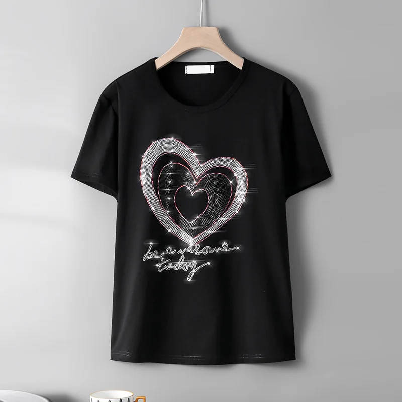 

Summer New Fashion short-sleeve T-shirts female personality Heart Pattern Hot diamonds Loose High quality Round neck women tops