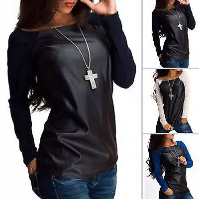 New Fashion Summer Autumn Womens Sexy Leather Long Sleeve Tops Splice Sweatshirt T-Shirt Casual Loose Tops