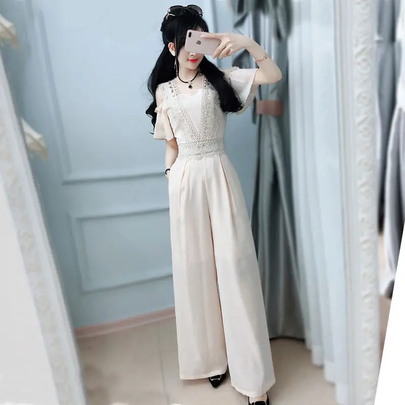 Women's Lace Chiffon Jumpsuit, Female Student Trousers, Strapless, Self-Cultivation, New Style, Beige, Summer