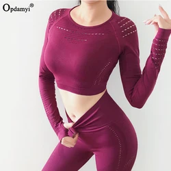 Seamless Women Sport Suit Gym Workout Clothes Mesh Top Long Sleeve Fitness Crop Top And Scrunch Butt Exercise Leggings Yoga Sets