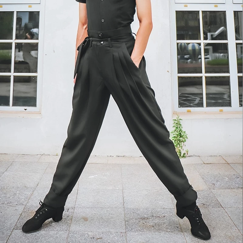 National Standard Latin Dance Pants Men\'s Ballroom/Salsa/Cahcha/Tap Dance Practice Pants Suit Stage Competition Black Trousers