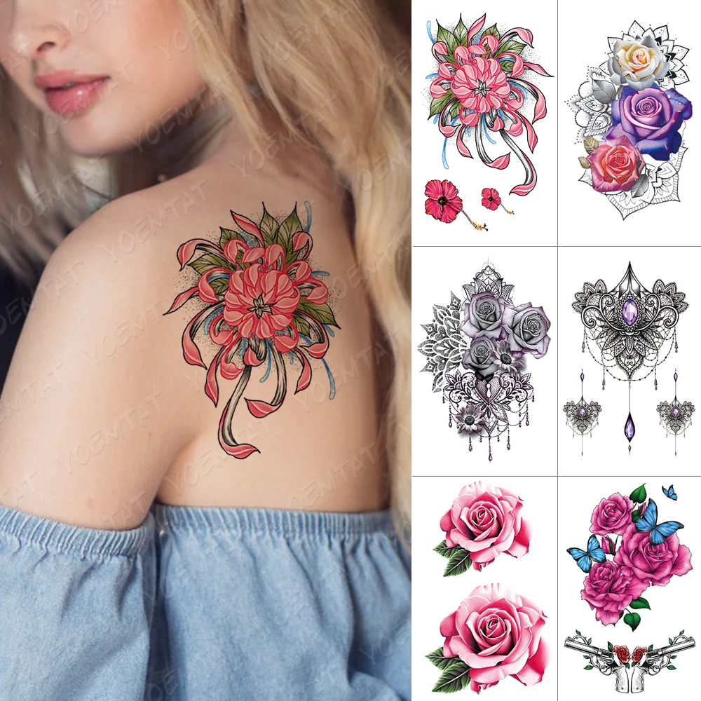 

Waterproof Temporary Tattoo Sticker Snake Rose Lotus Flash Tattoos Lace flowers Body Art Arm Water Transfer Fake Tatoo Women Men