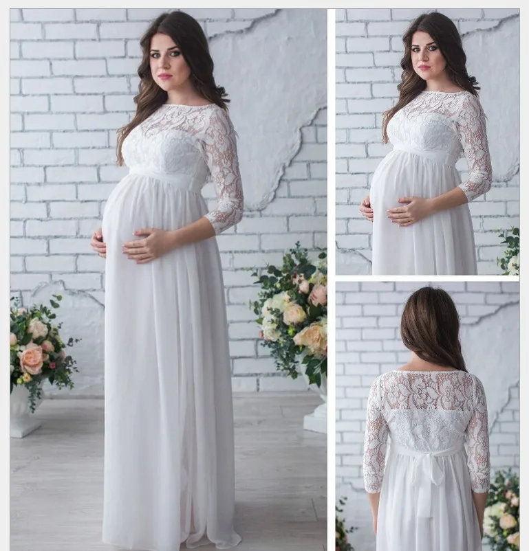 

Long Dresses Shooting Photo Grossesse Women Spring Summer Lace Patchwork Sashes Solid White Black Chiffon Maxi Pregnant Dress