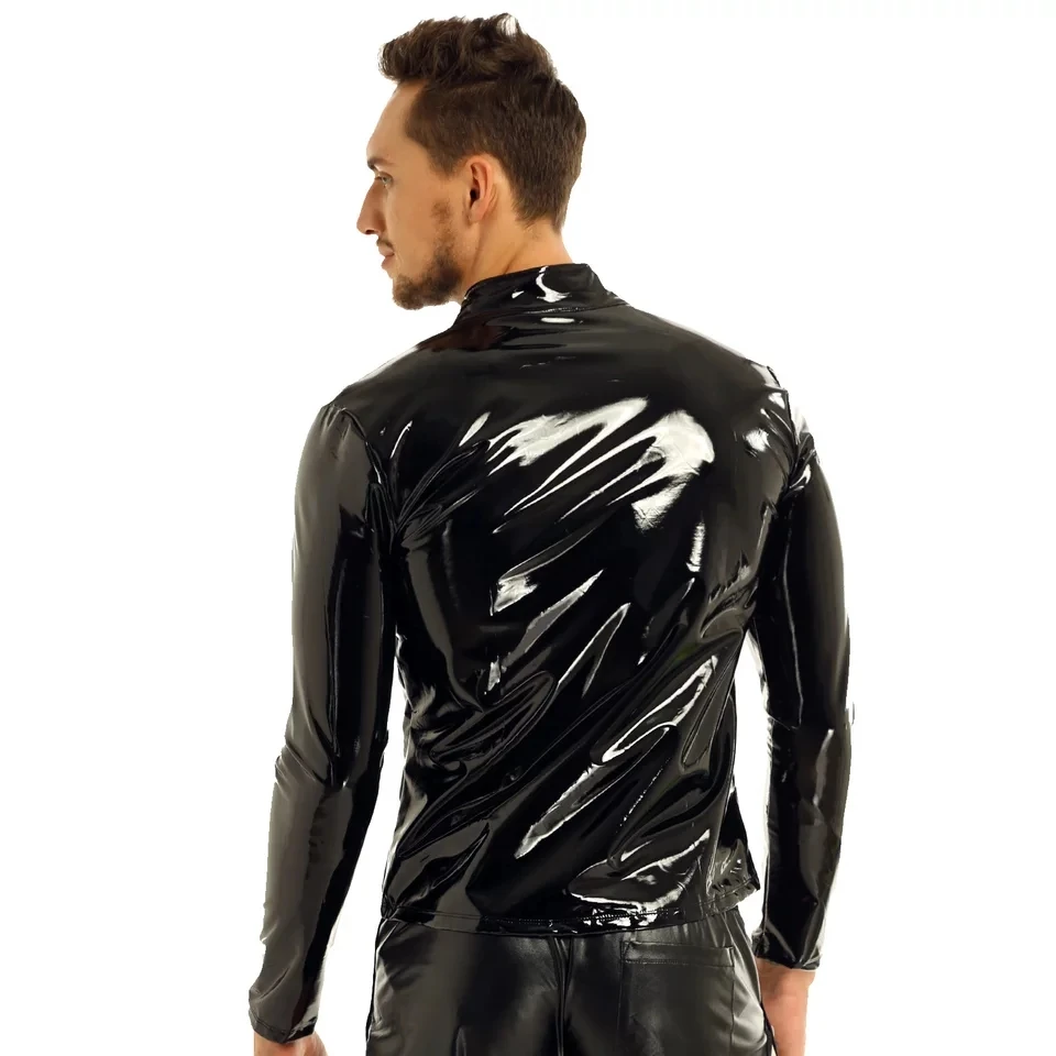 Mens Sexy Shiny Wetlook Leather Shirt Erotic Shaping Sheath Latex Casual Coat Male Glossy Metallic PVC Leather Jacket Tops Sexi