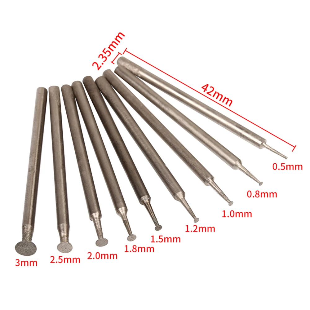 9Pcs 2.35 Shank Diamond Grinding Burr Needle Point Engraving Carving Polishing Glass Jade Stone Drill Bit Rotary Tool Set