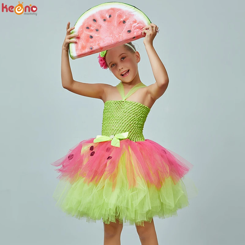 Lime Green and Fuschia Watermelon Girls Tutu Dress & Headband Set Kids Fruit Birthday Party Halloween Ballerina Photo Costume