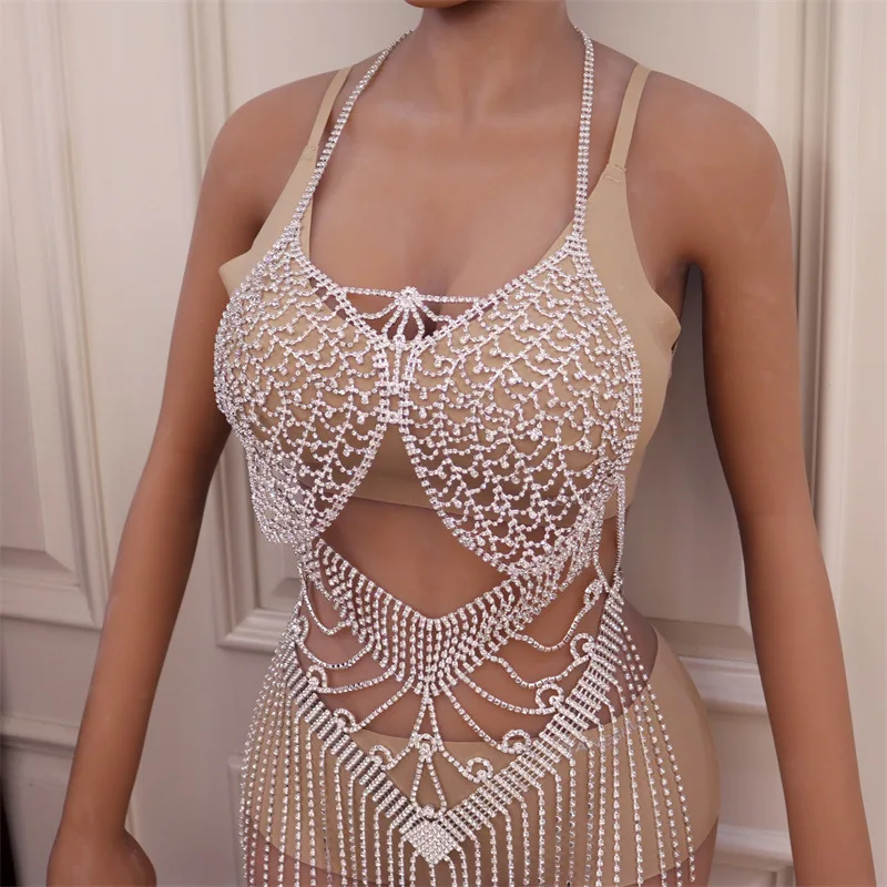 

Luxcury Sexy Shiny Full Body chain Harness Crystal Bra Set Tassel Bling Rhinestone Bodysuit Body Jewelry Set Box Gift For Women