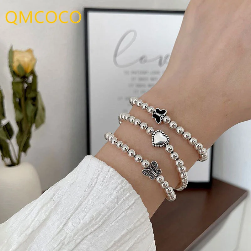 

QMCOCO Silver Color Simple Butterfly String Beads Bracelet Accessories Trendy Sweet LOVE Heart -Shape Girl Party Jewelry