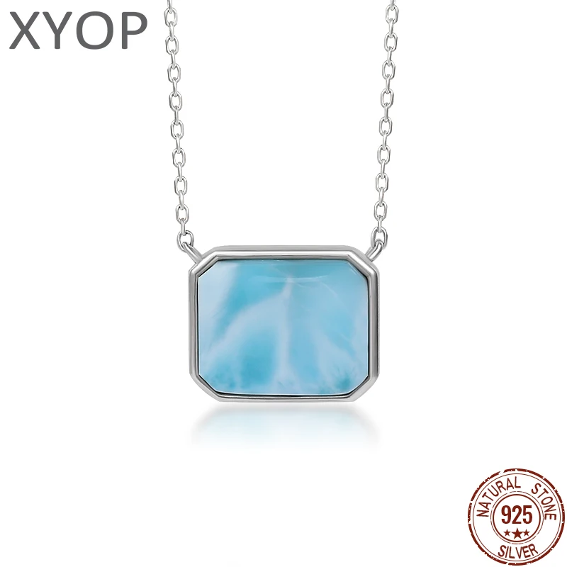 925 Sterling Silver biżuteria prezenty klasyczny wisiorek naszyjnik naturalny szlachetny Larimar Retro kobieta zakontraktowane styl prostokąt