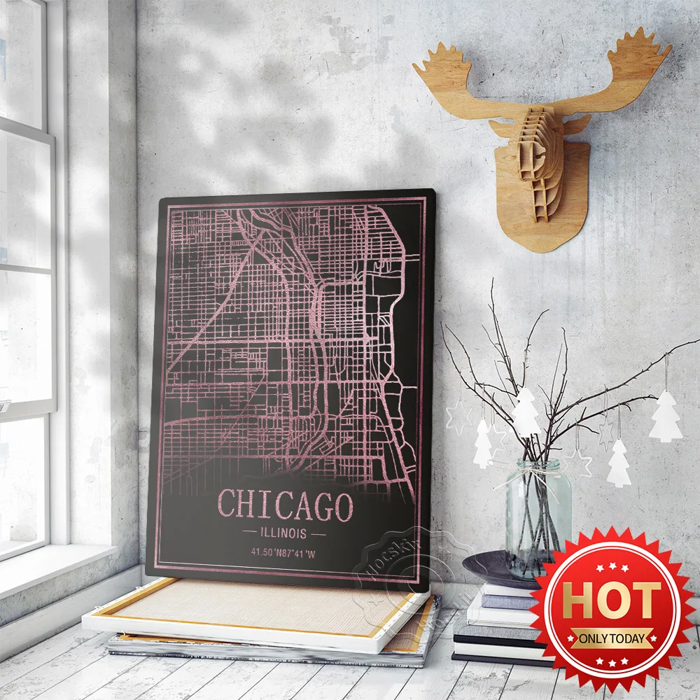 America Chicago Illinois City Black Pink Line Drawing Map Poster, World Tavel City Street Map Art Prints, Bar Pub Club Art Decor