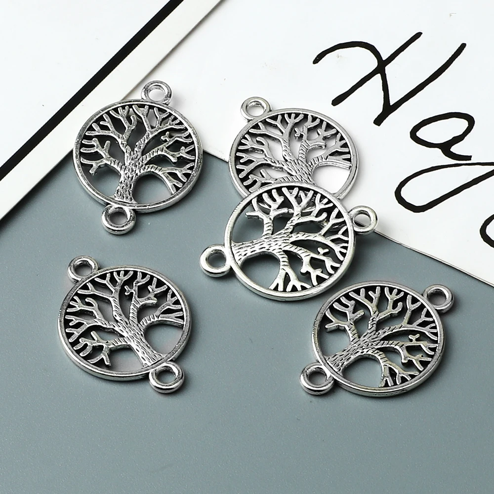 Tree Of Life Pendant Round Hollow DIY Vintage Silver Color Metal Bracelet Neacklace Charm Making Fashion Jewelry Accessorie Gift