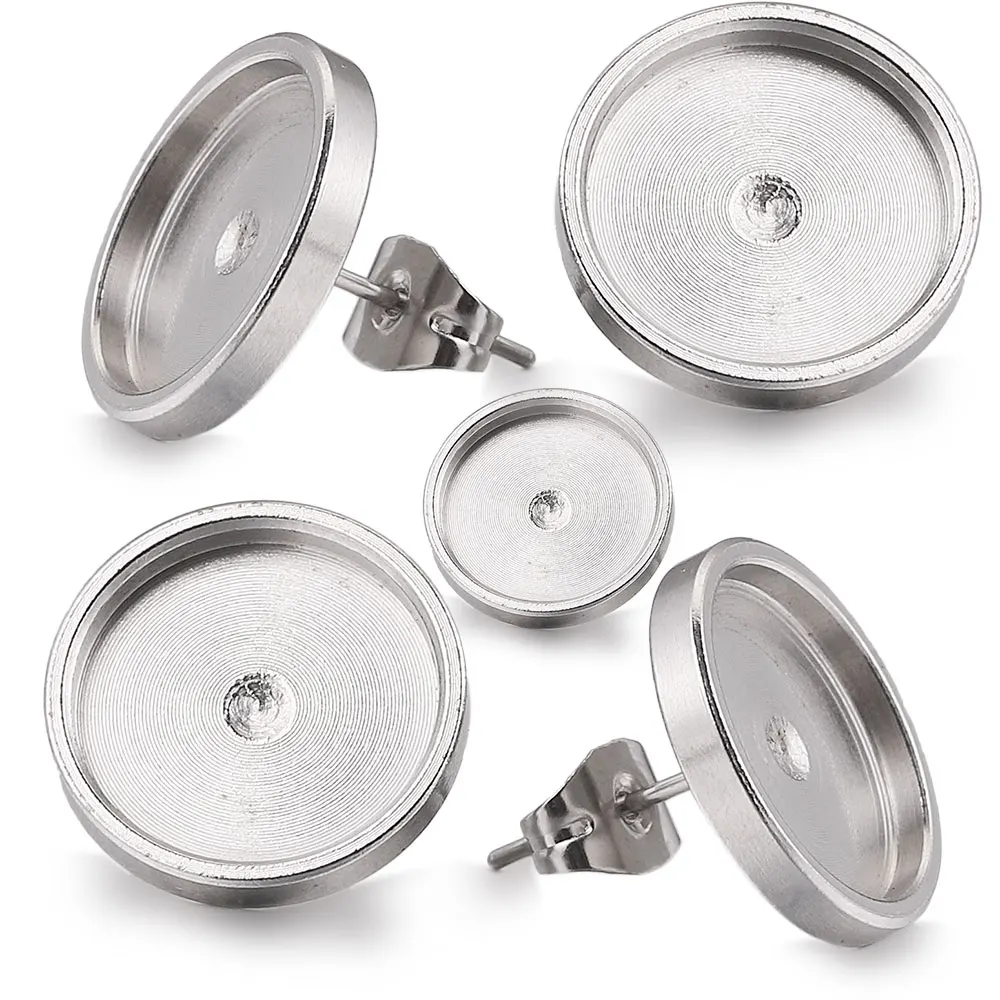 20szt 6 8 10 12mm Płaski kolczyk ze stali nierdzewnej Ustawienie pustej podstawy kolczyka Żywica Cabochon Taca Diy Biżuteria Hurtownia
