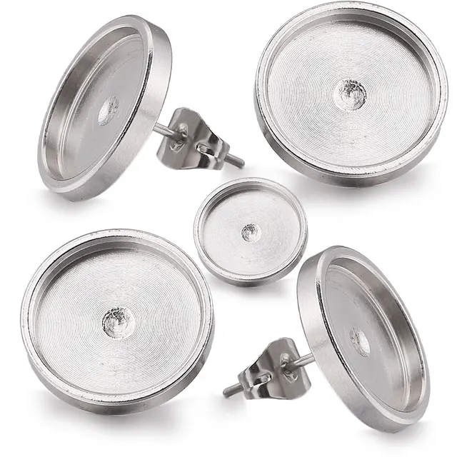 20szt 6 8 10 12mm Płaski kolczyk ze stali nierdzewnej Ustawienie pustej podstawy kolczyka Żywica Cabochon Taca Diy Biżuteria Hurtownia