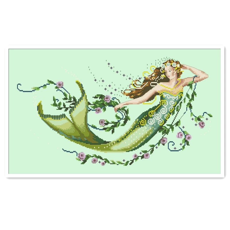 Emerald mermaid cross stitch kit fairy with beads aida fabric 18ct 14ct 11ct light green canvas embroidery kits DIY craft set