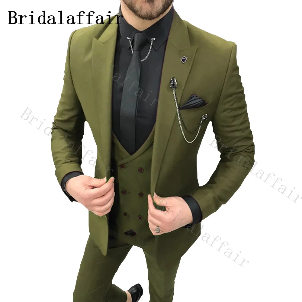 

Bridalaffair Party Color Army green Suits for Men Brand New Arrival Best Men Groomsmen Wedding Prom Tuxedos Casual 3 Pieces