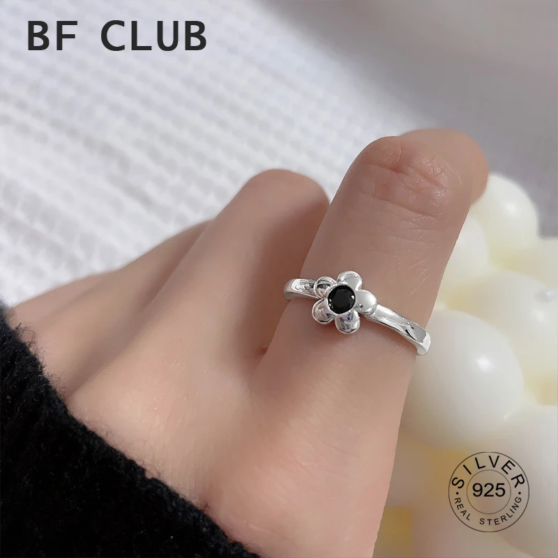 100% Solid 925 Sterling Silver Black Stone Flower Open Rings For Women Vintage Geometric Retro Anillos Party Gifts Accessories