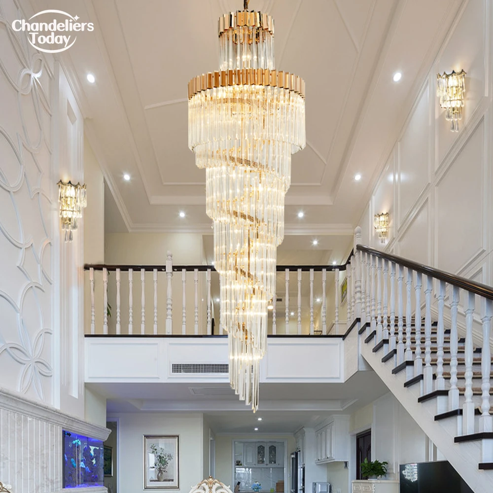 

Indoor Lighting Modern Large Big Stair Chandelier Lighting European Style Luxury Staircase Chandeliers Light Gold Finish