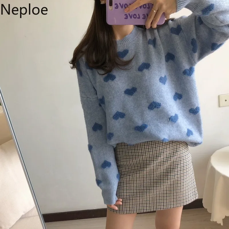 Neploe Imitation Water Velet Print Winter Clothes Pink O Neck Pullover Heart Pattern Sweater Women Warm Long Sleeve Sueter 47733