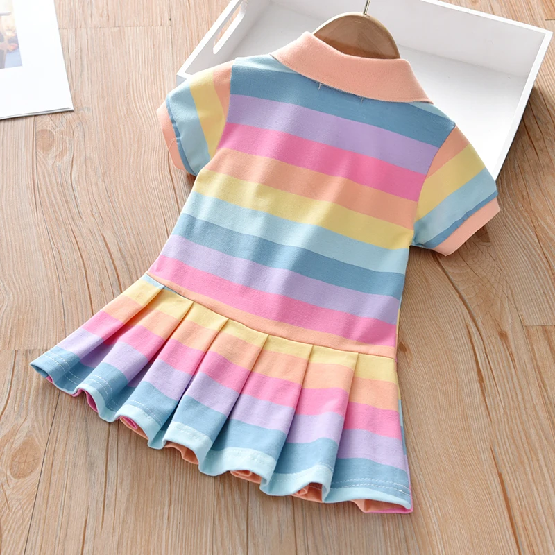 Baby Girls Bunny Decoration Dress New Little Girl Rainbow Short Sleeve Princess Girls Casual Dresses 2020