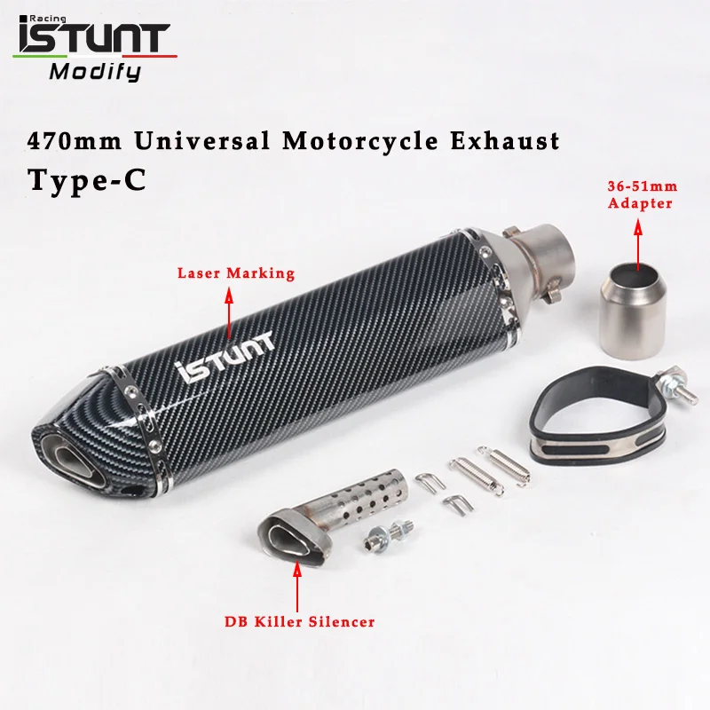 ISTUNT 470mm Universal Motorcycle Exhaust Escape Modified Muffler Pipe with Removable DB Killer For Z250 MT03 FZ6 F800GS TMAX530