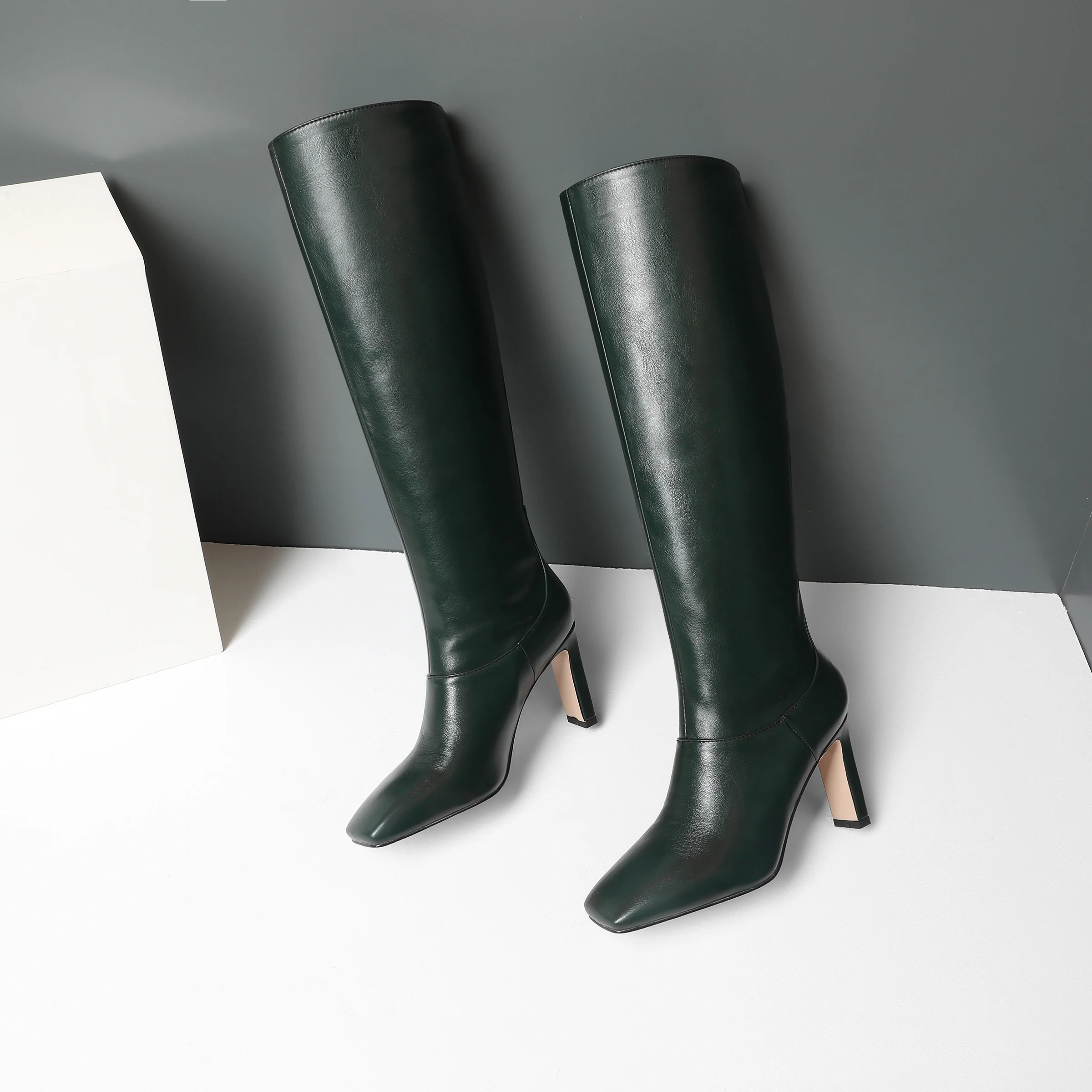 QUTAA Keep Warm Knee High Boots Autumn Winter PU Leather Women Shoes Pointed Toe Fashion High Heel Woman Boots Size 34-43